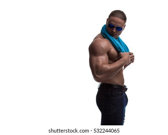 Male Bodybuilder Athlete Naked Torso Towel Foto Stok