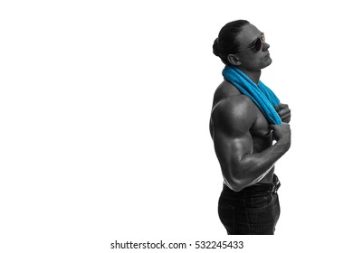 Male Bodybuilder Athlete Naked Torso Towel Foto Stok