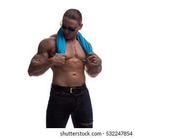 Male Bodybuilder Athlete Naked Torso Towel Foto Stok