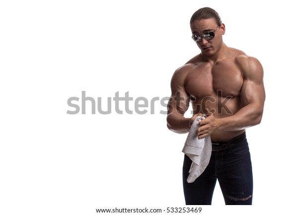 Male Bodybuilder Athlete Naked Torso Towel Stock Photo