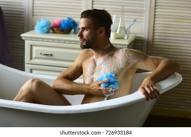 Macho Sitting Naked Bathtub Selective Focus Stock Photo Edit Now