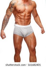 Man Beautiful Muscular Tattooed Torso Underwear Stock Photo