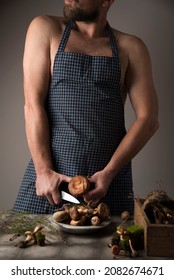 Man Naked Torso Apron Kitchen Holds Stock Photo Edit Now