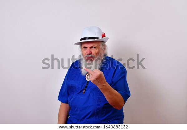 Mature Gentleman White Fedora Hat Blue Stock Photo 1640683132