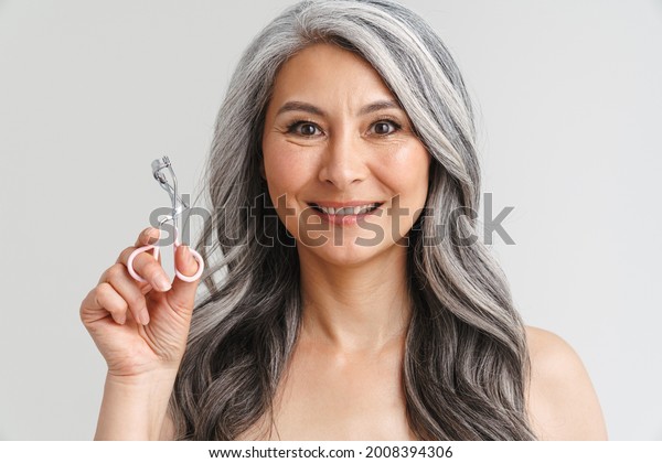 Mature Shirtless Woman Grey Hair Showing Stock Photo 2008394306