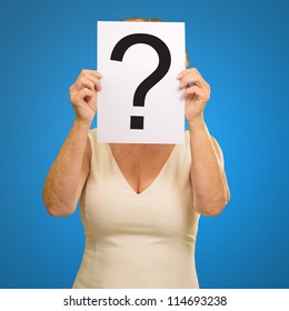 Mature Woman Holding Question Mark Sign Stock Photo 114693238