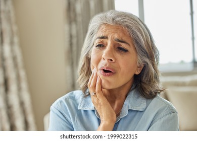 Mature Woman Home Suffering Pain Toothache Stock Photo