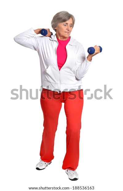 Mature Woman Lifts Weights On White Stock Photo 188536163 Shutterstock