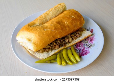 Meat Chicken Doner Between Bread Turkish Stock Photo