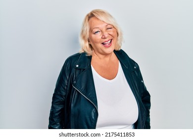 Middle Age Blonde Woman Wearing Leather Stock Photo 2175411853