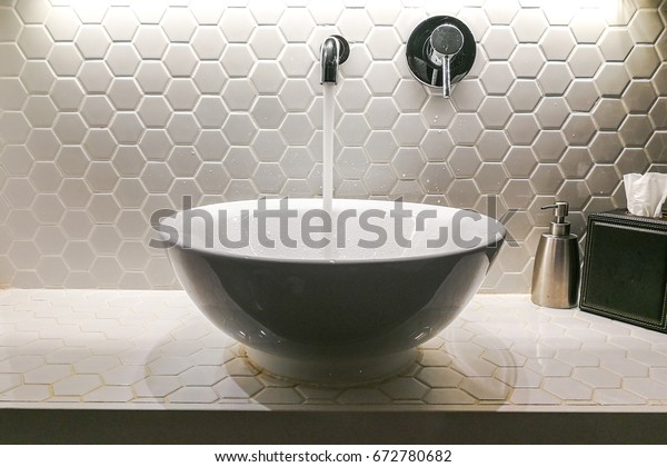 Modern Hygienic Wash Basin Running Clean Stock Photo Edit Now 672780682