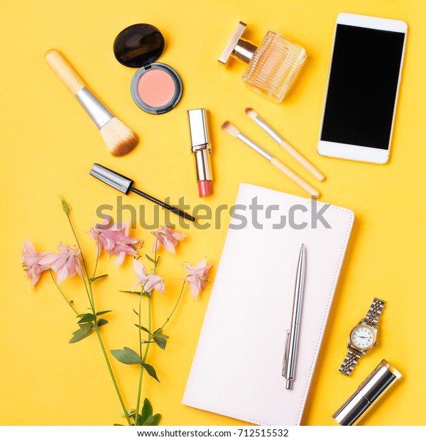 Modern Woman Accessories Beauty Products Smartphone Stock Photo