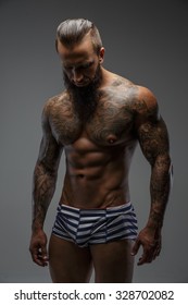 Tattooed Muscular Man Beard Stripes Panties Stock Photo 326037890