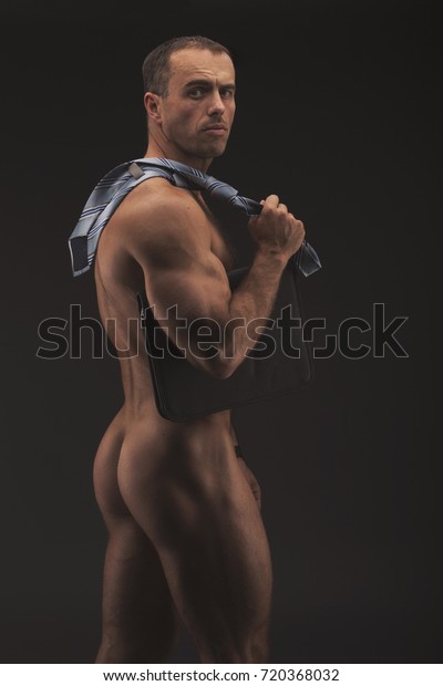 Muscular Sexy Naked Businessman Folder Tie Stock Photo