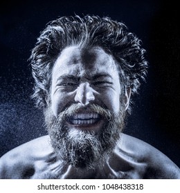 Naked Bearded Man Angrily Screams Into Stock Photo