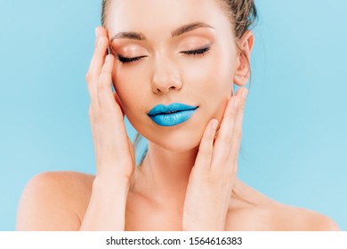 Naked Beautiful Woman Blue Lips Touching Stock Photo 1564616383