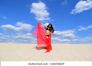 Naked Brunette Girl Black Swimsuit Red Stock Photo