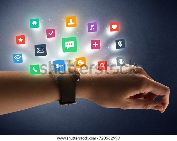 Naked Female Hand With Smartwatch And Application Labels Around And