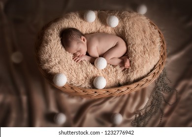 Naked Newborn Baby Sleeping Basket White Foto De Stock 1232776942