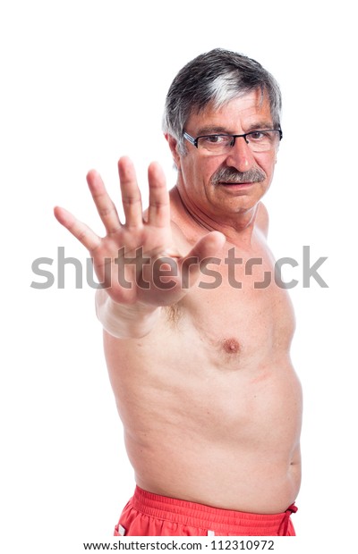 Naked Senior Man Gesturing Stop Sign Stock Photo Edit Now