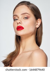 Naked Shoulders Red Lips Beautiful Woman Stock Photo