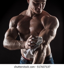 Naked Torso Male Bodybuilder Athlete Towel Stock Photo