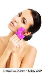 Naked Woman Purple Orchid Petal Near Stock Photo Edit Now