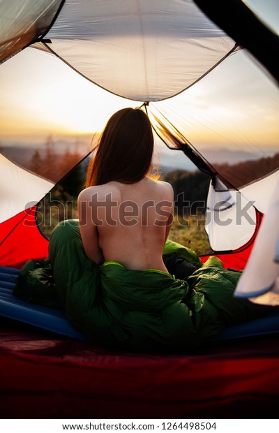 Naked Woman Sitting Tent Sleeping Bag Shutterstock