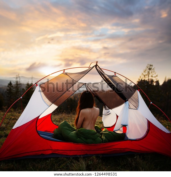 Naked Woman Sitting Tent Sleeping Bag Shutterstock