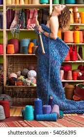 Naked Woman Standing Knitted Item Standing Stock Photo 54056395