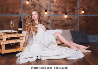 Naked Woman Wrapped Blanket Glass White Stock Photo