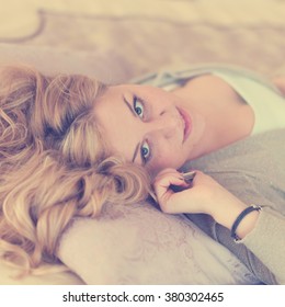 Natural Cheerful Blonde Lying On Bed Stock Photo 380302465 Shutterstock