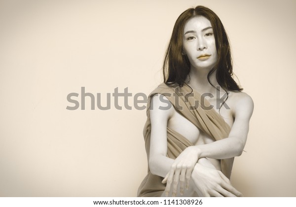 Nude Sexy Beautiful Asian Woman With Long Stylish Black Hair Pose On