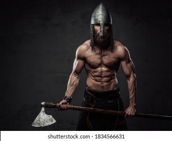 Nude Warlike Viking Marauder Beard Helmet Stock Photo