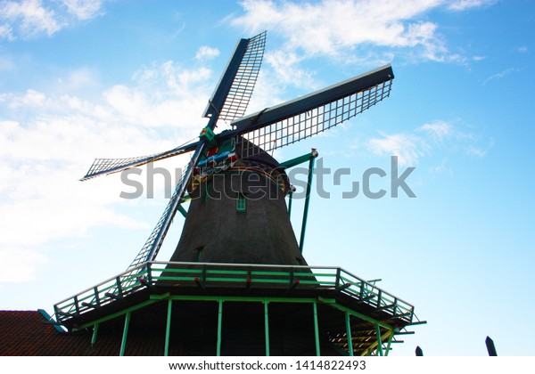 Old Dutch Wooden Windmill Zaanse Schans Stock Photo 1414822493