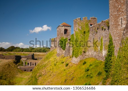 The old stone castle overgrown with greenery on the blue sky background
