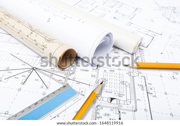 Paper Architectural Drawings Blueprint Pencil Stock Photo 1648119916