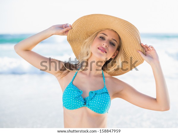 Peaceful Sexy Blonde Bikini Wearing Straw Stock Photo 158847959