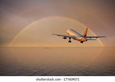 Photo Airplane Taking Off Over Sea Stock Photo 177609071 Shutterstock