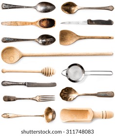 Photo Collage Wooden Metal Kitchen Utensils Stock Photo