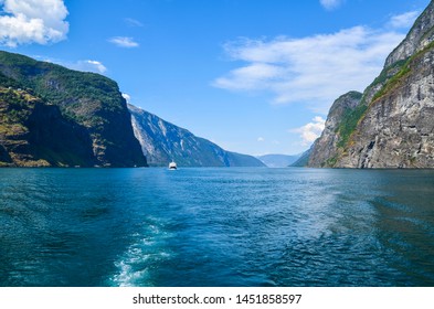 Pleasure Boat Ship Sailing Between Fjords Stock Photo