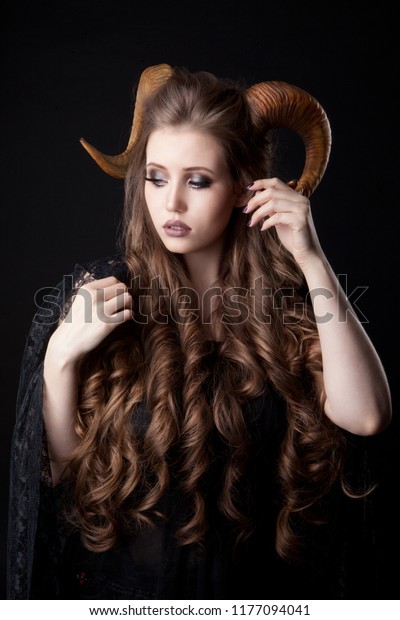 Portrait Attractive Demon Woman Horns Stock Photo Shutterstock