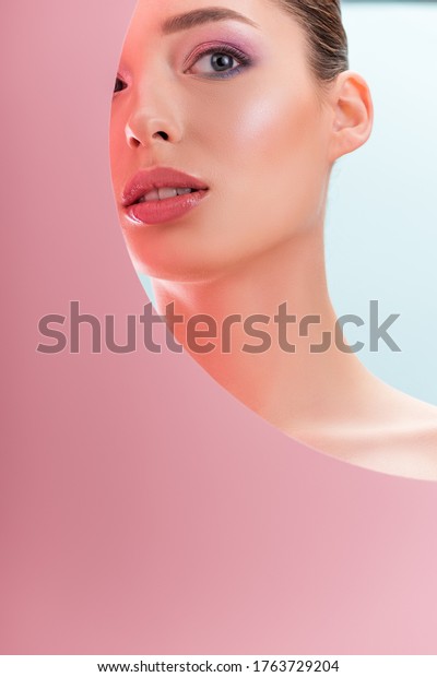 Portrait Beautiful Naked Woman Shiny Makeup Stock Photo