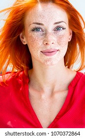 Portrait Beautiful Redhead Freckled Woman Stock Photo