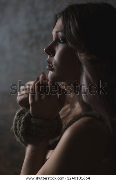 Portrait Beautiful Woman Hands Tied Humiliation Stock Photo