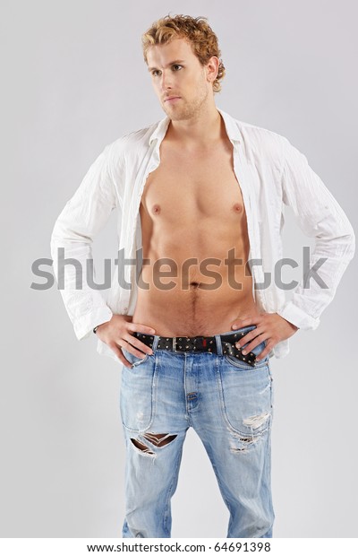 Portrait Blonde Man White Shirt Posing Stock Photo 64691398 Shutterstock