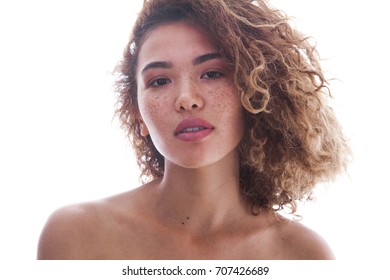 Portrait Curly Woman Freckles Naked Shoulders Stock Photo Edit Now