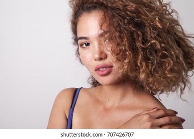 Portrait Curly Woman Freckles Naked Shoulders Stock Photo 707426707