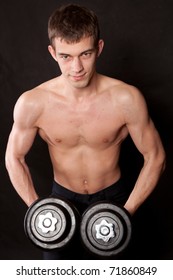 Portrait Energetic Naked Man Lifting Dumbbell Stock Photo 71860849