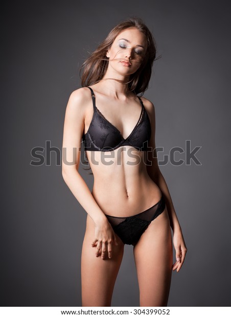 Portrait Fit Slender Sensual Brunette Lingerie Stock Photo